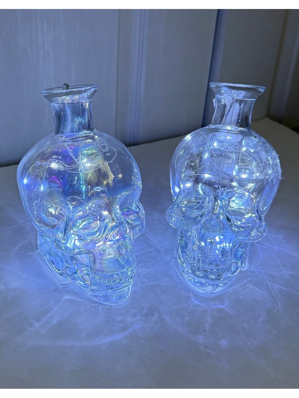 Set of 2 Glass Skull Bottles with LED Fairy Lights Halloween Gothic Décor